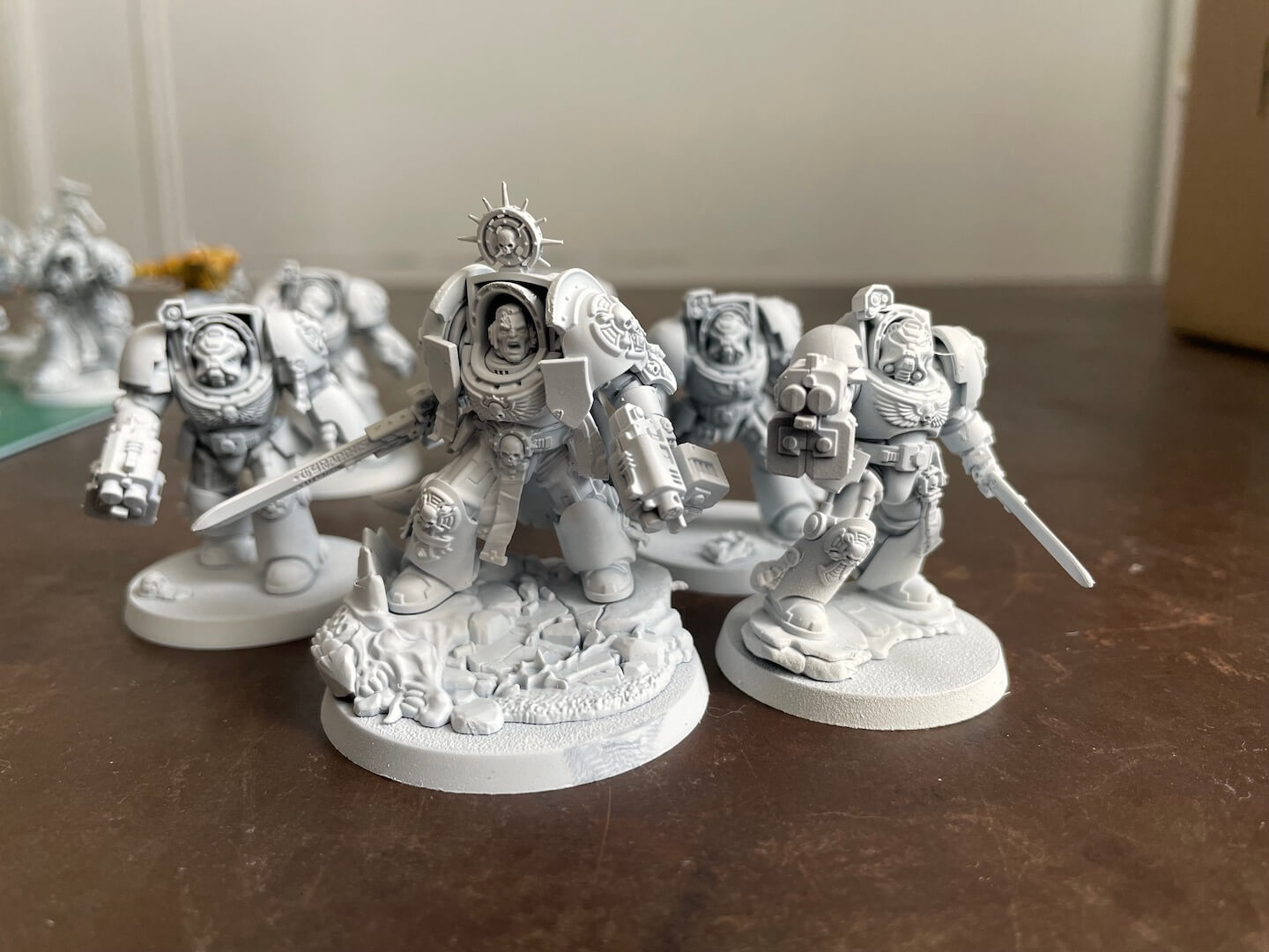 An image of Warhammer 40K Leviathan Terminators in action, based in white